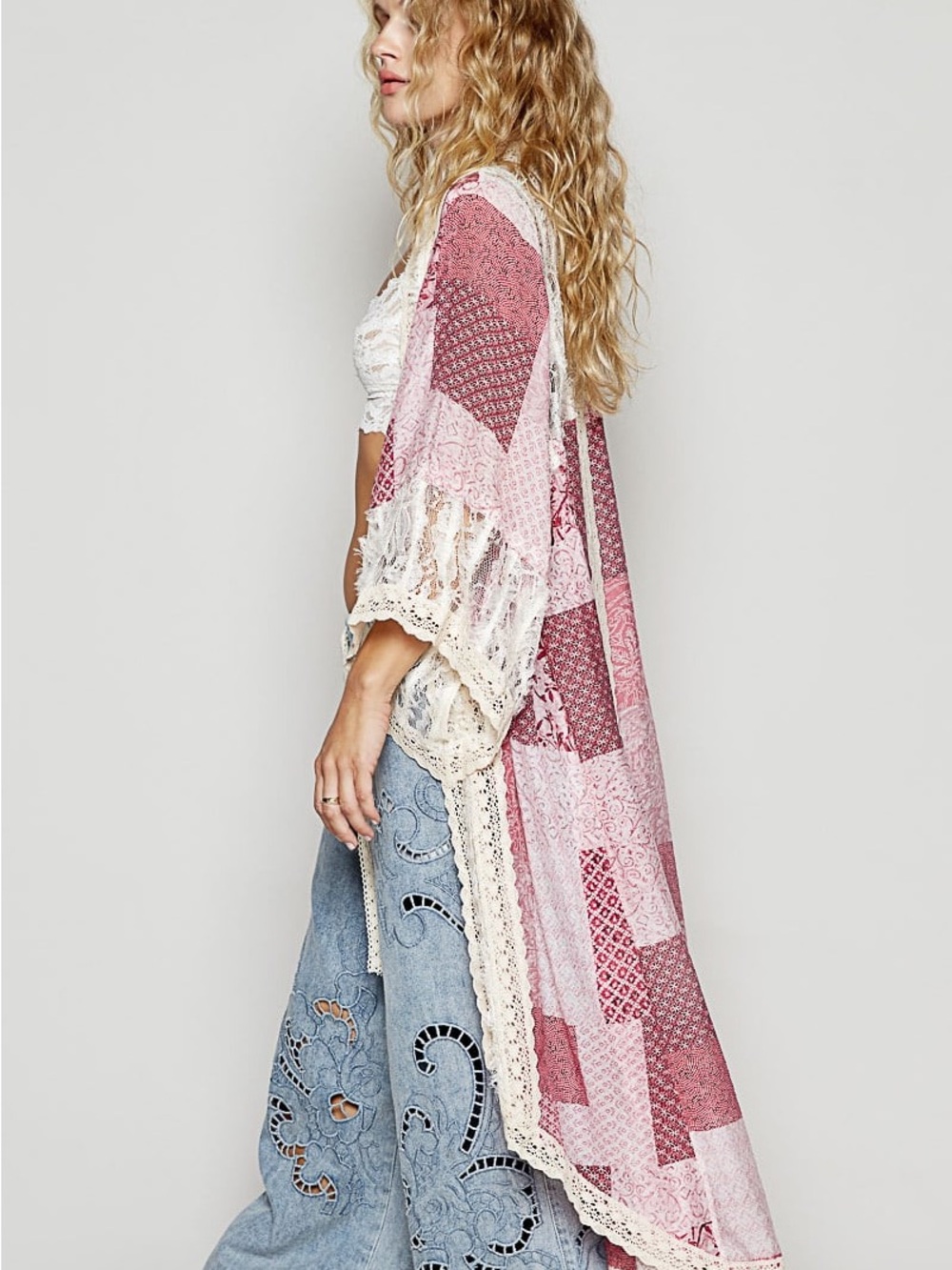 POL Wide Leg Laser Cutouts Denim Palazzo Pants, Large Petite Length - Picture 4 of 4